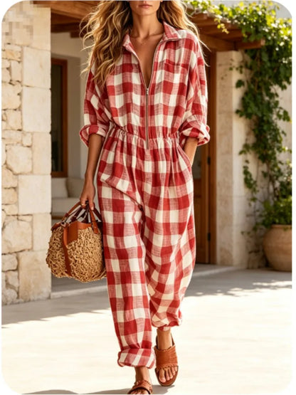 Women Plaid Jumpsuit Lapel Collar Zip Elastic Waist Loose Long Jumpsuits Ladies Casual Checkered Holiday Overalls With Pockets
