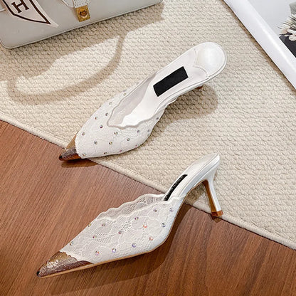 Luxury Rhinestones Mesh Lace Women Pumps Sandals Summer Elegant Pointed Toe 8cm Thin High Heels Mulse Sides  Fashion Party Shoes