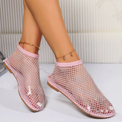 Women's New Luxury Brand Round Toe Flat Bottom Sandals Hollow Short Boots Water Diamond Sexy Flat Bottom Shoes