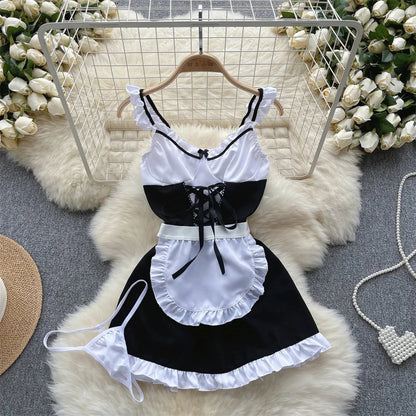 Summer Girls Sexy Hot Sweet Transparent Suspender Mini Dress Women Elastic Waist And Backless Strap Lolita Pajamas Bubble Skirt
