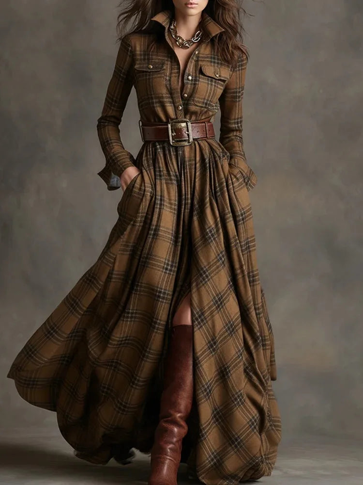 Autumn Vintage Long Sleven Dress for Women Plaid Print Shirt Maxi Dress Vacation Female Elegant Belt Loose Pocket A-line Dresses