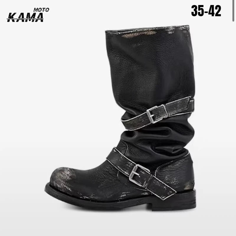 Retro Weathered Knight Boots Belt Bule Chunky Heel Mid-Calf Women's Boots Cowhide Leather Slimming Booties for All-Season Wear