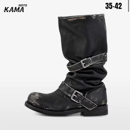 Retro Weathered Knight Boots Belt Bule Chunky Heel Mid-Calf Women's Boots Cowhide Leather Slimming Booties for All-Season Wear