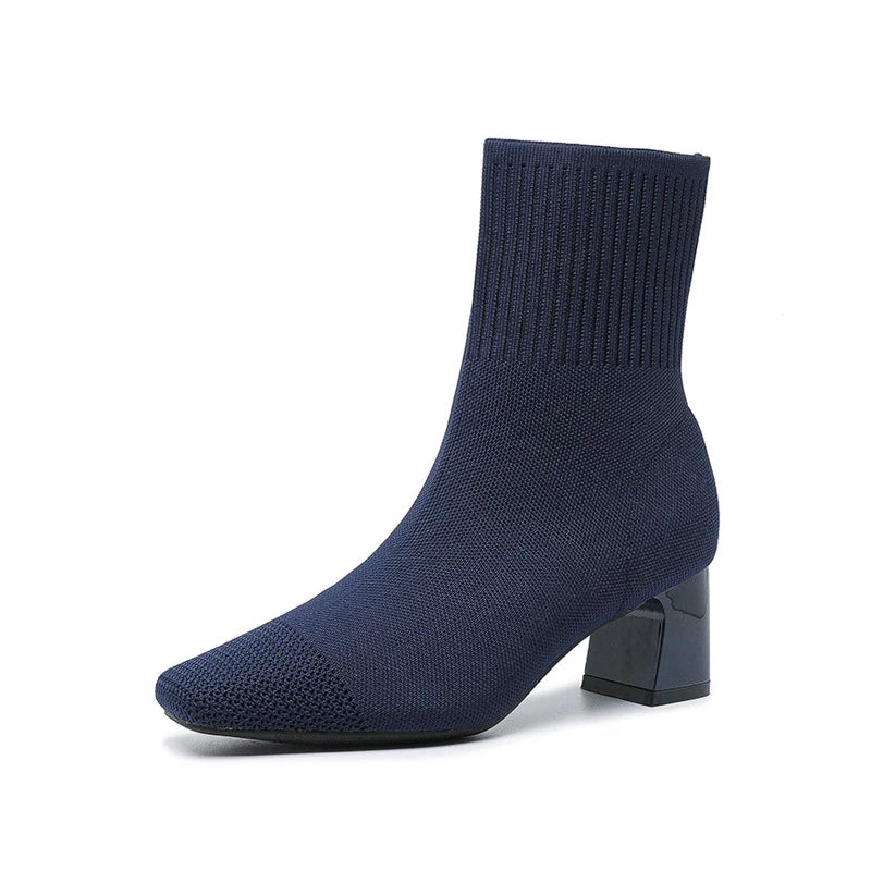 Black Square Toe Knit Sock Boots Elastic Slim Thick Block Heel High Heels Short Boots Fashion Autumn Casual Skinny Ankle Boots