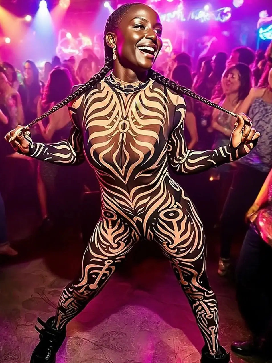Weird Puss Sexy Striped Print Jumpsuits Women Wild Style Turtleneck Full Sleeve Midnight Party Club Stretch Streetwear Overalls