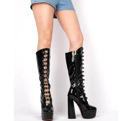Onlymaker Women Pink Platform Multibuckle Strap Knee High Boots Big Size Comfy Female Side Zipper Mondern Boots