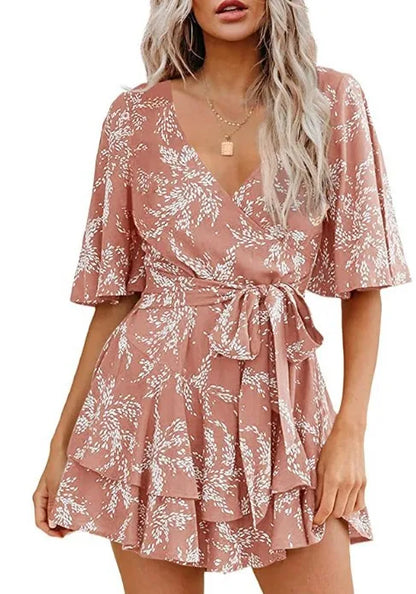 Hot-selling Women's Jumpsuits V-neck Flared Sleeves High Waist Plant Printed Pleated Lace-up Fashion High Street Playsuits