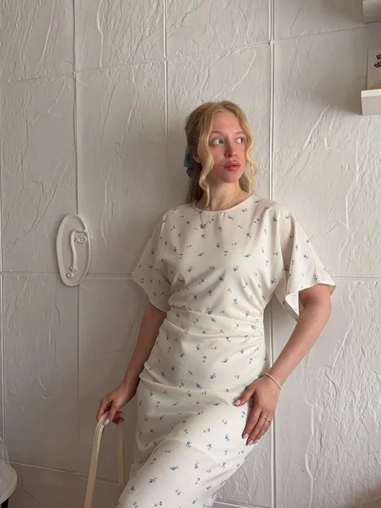 Tossy Floral Print Midi Dress Ruched Dress Round Neck Short Sleeve Fitted Waist Small Flower Print Bodycon Party Clubwear Dress