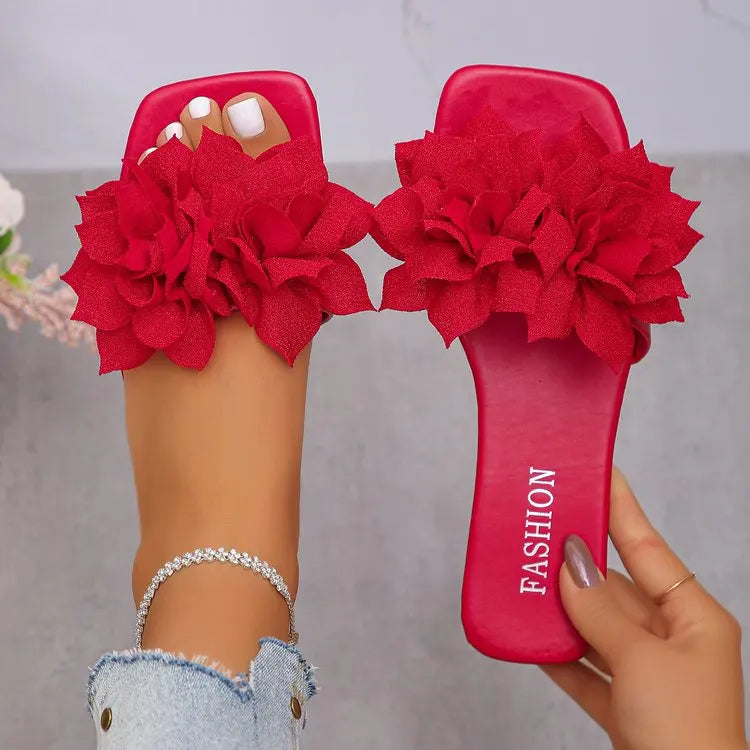 Women Flat Slippers 2026 Summer New Solid Color Sandals Flowers Open Toes Slippers Casual Fashionable Beach Shoes Slides Women