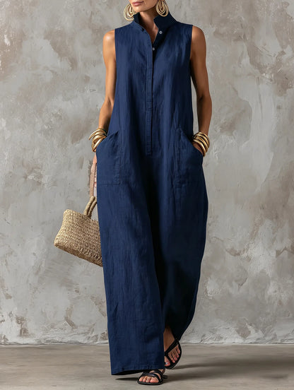 Women Linen Sleeveless Jumpsuit Stand Collar Button Down Wide Leg Long Romper Casual Loose Pockets Vacation Overalls