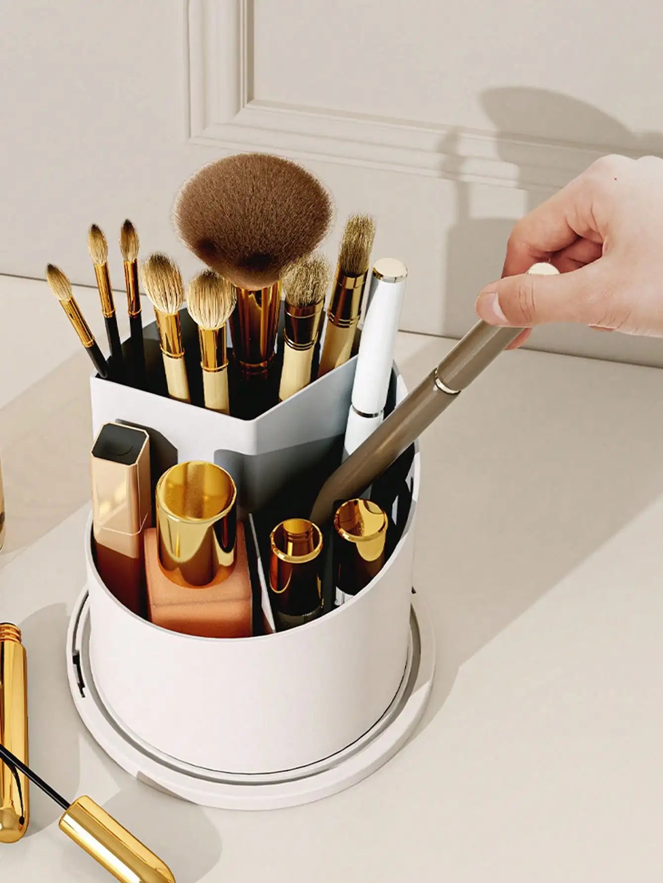 Transparent Sliding Door Birdcage Cosmetic Storage Box 360° Rotatable Makeup Brush Organizer Holder Multi Compartment Vanity Storage For Lip Liner Eyebrow Tools Makeup Brushes 1 Piece