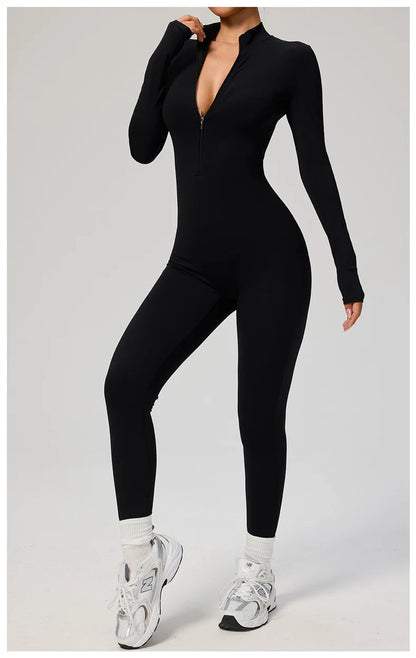 TRY TO BN Women's Jumpsuit Long Sleeve Zipper Shapewear Bodysuit Yoga Fitness One Piece Tights Gym Clothing Mono Deportivo Mujer