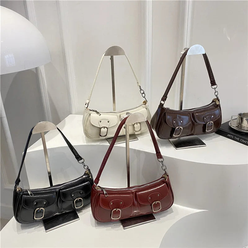 Fashion Pu Leather Women's Shoulder Bag Small Double Pocket Design Ladies Underarm Bags Y2k Vintage Female Handbags Clutch Purse