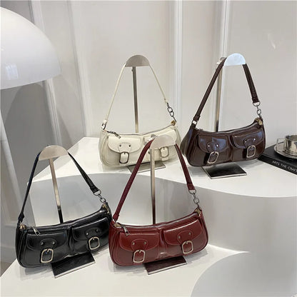 Fashion Pu Leather Women's Shoulder Bag Small Double Pocket Design Ladies Underarm Bags Y2k Vintage Female Handbags Clutch Purse