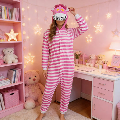 Cheshire Cat Cartoon One-Piece Pajamas Flannel Men and Women  Home Wear Autumn and Winter Home Clothing for Autumn and Winter