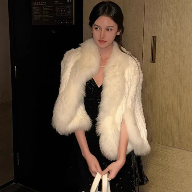 Rabbit Fur Knitted Cape Fox Fur Collar Shawl Autumn Winter Warm Genuine Rabbit Fur Pashmina Women's Rabbit Fur Top Cat Poncho