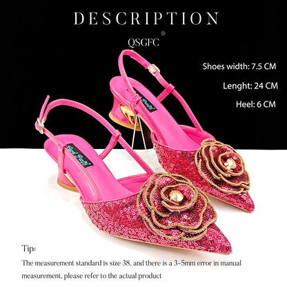 New Arrival Fashion Flower Design Party Wedding Royal Blue Color Pointed Toe Women Shoes and Bag Set Decorated With Rhinestone