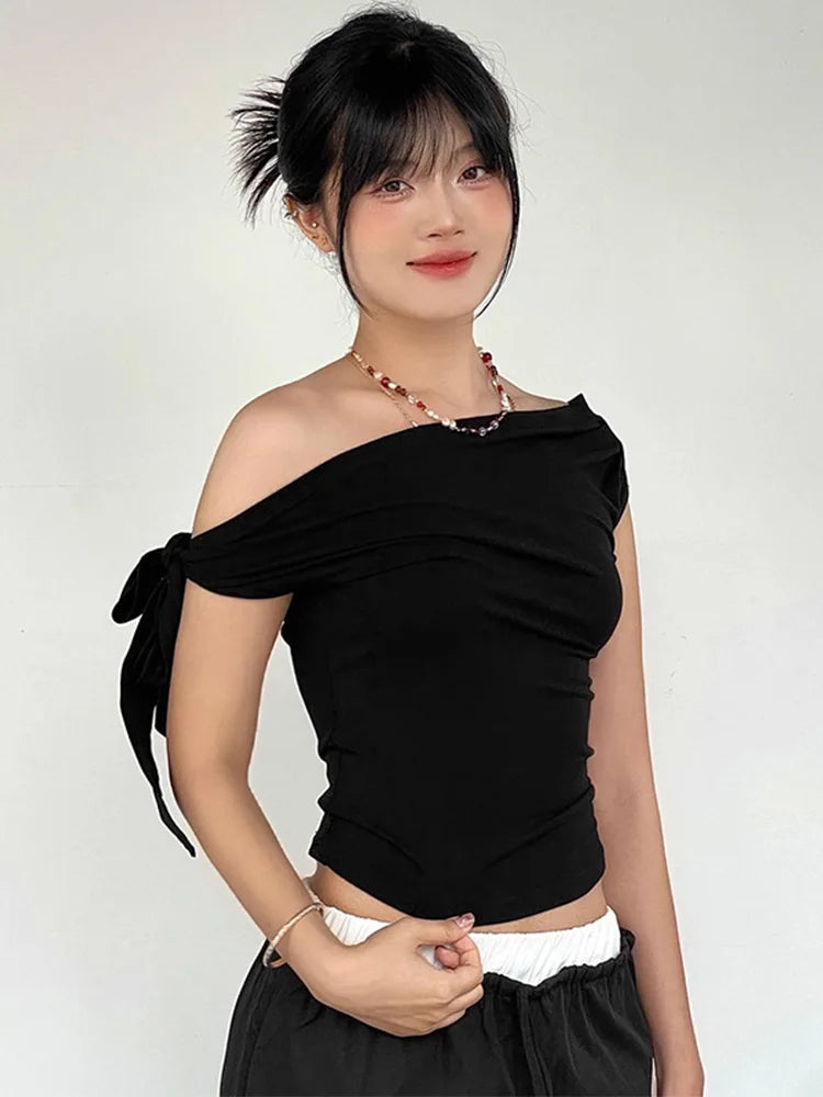 2025 Women'S Summer Ins Style New Shrink Pleated One-Shoulder Crop Top Backless Twist Tie Asymmetric T-Shirt Casual Top