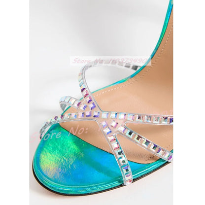 Shiny Leather Crystals Stiletto Sandals Women Ankle Strap Round Toe High Heels Shoes Ladies Luxury Elegant Sexy Party Sandals