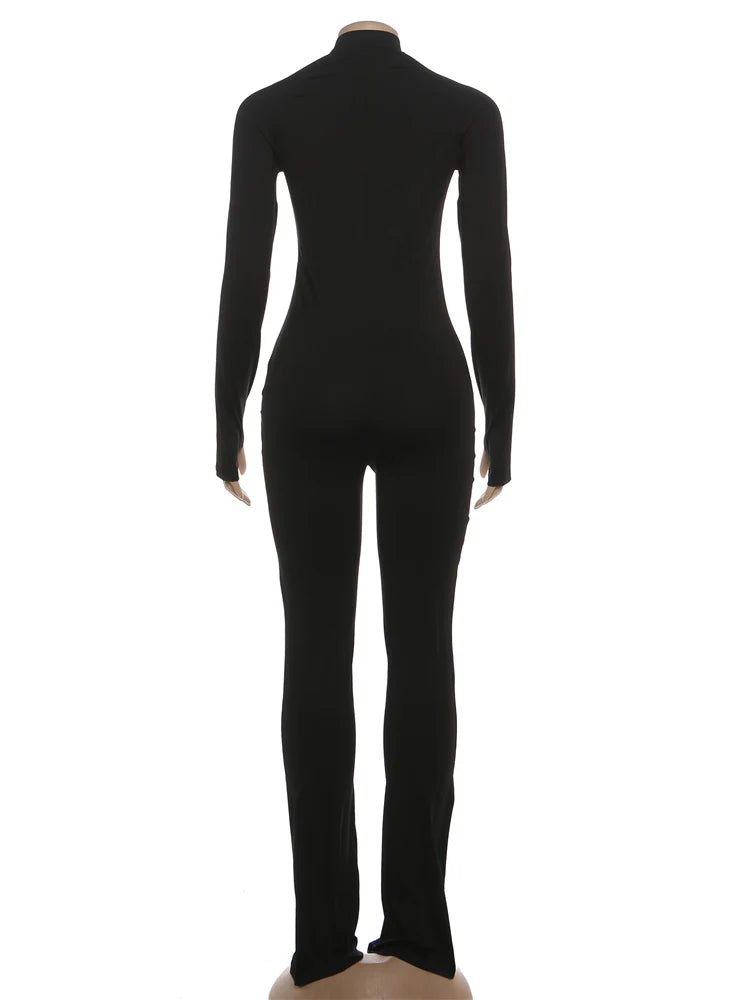 Weird Puss Basic Flared Jumpsuit Women Zip Letter Embroidery Full Sleeve Coquette Stretch Skinny Midnight Party Workout Overalls