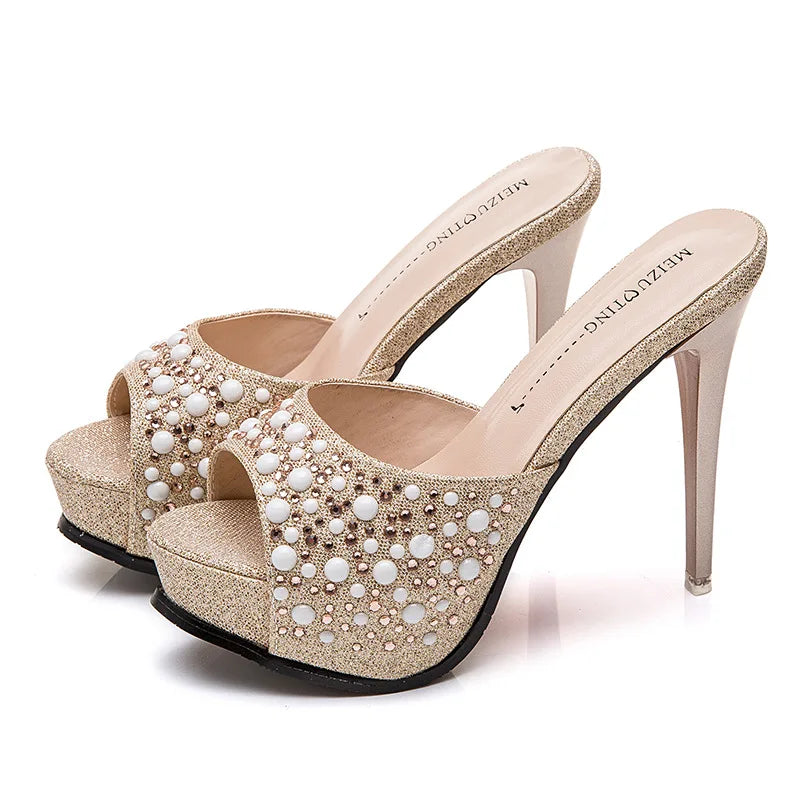 Women Crystal Slippers 2024 New Fashion Platform 12CM Thin High Heels Designer Slides Sandals Luxury Rhinestones Summer Shoes