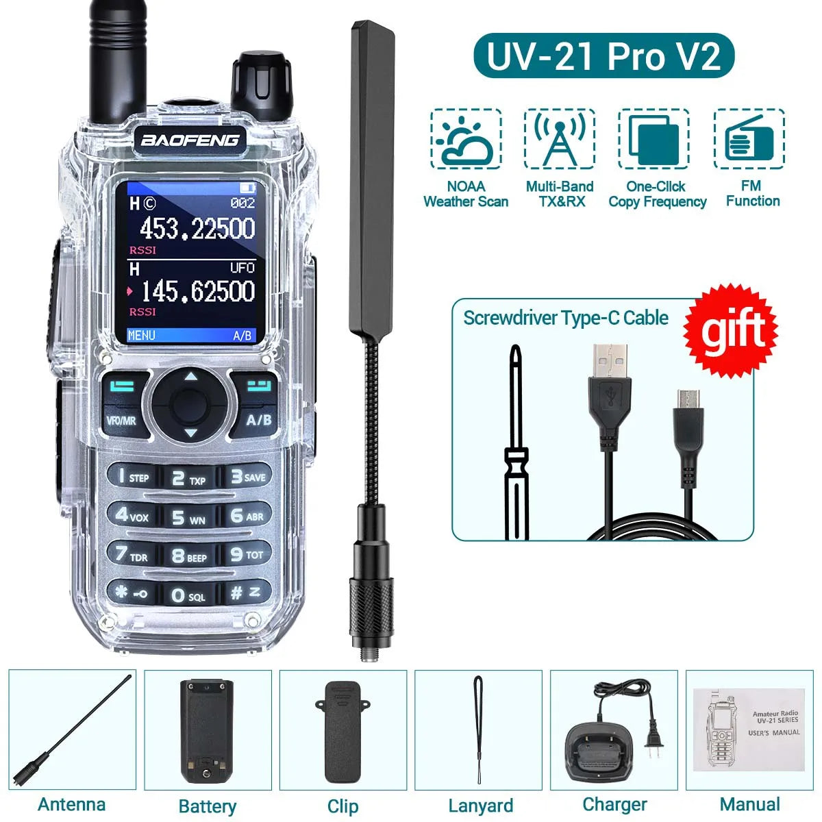 BAOFENG UV-21 PRO Auto Frequency Copy Walkie Talkie Ultra Long Range High Power Multi-Band Type-C Charger Portable Ham Radio