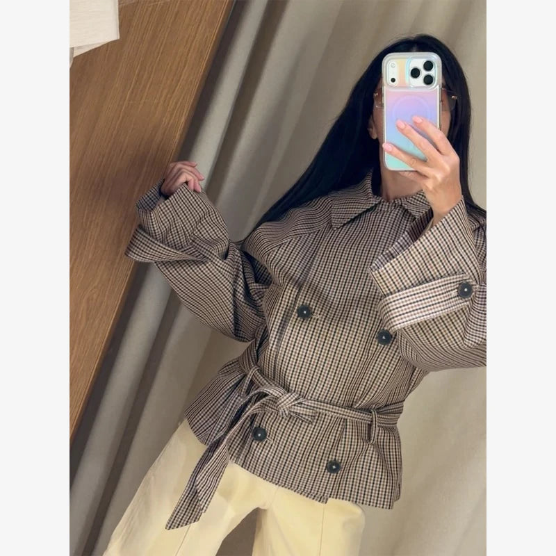 Long Sleeve Plaid Cropped Trench Coat Women Lapel Double Breasted Belted Waist Loose Checkered Short Jacket Lady Autumn Coats