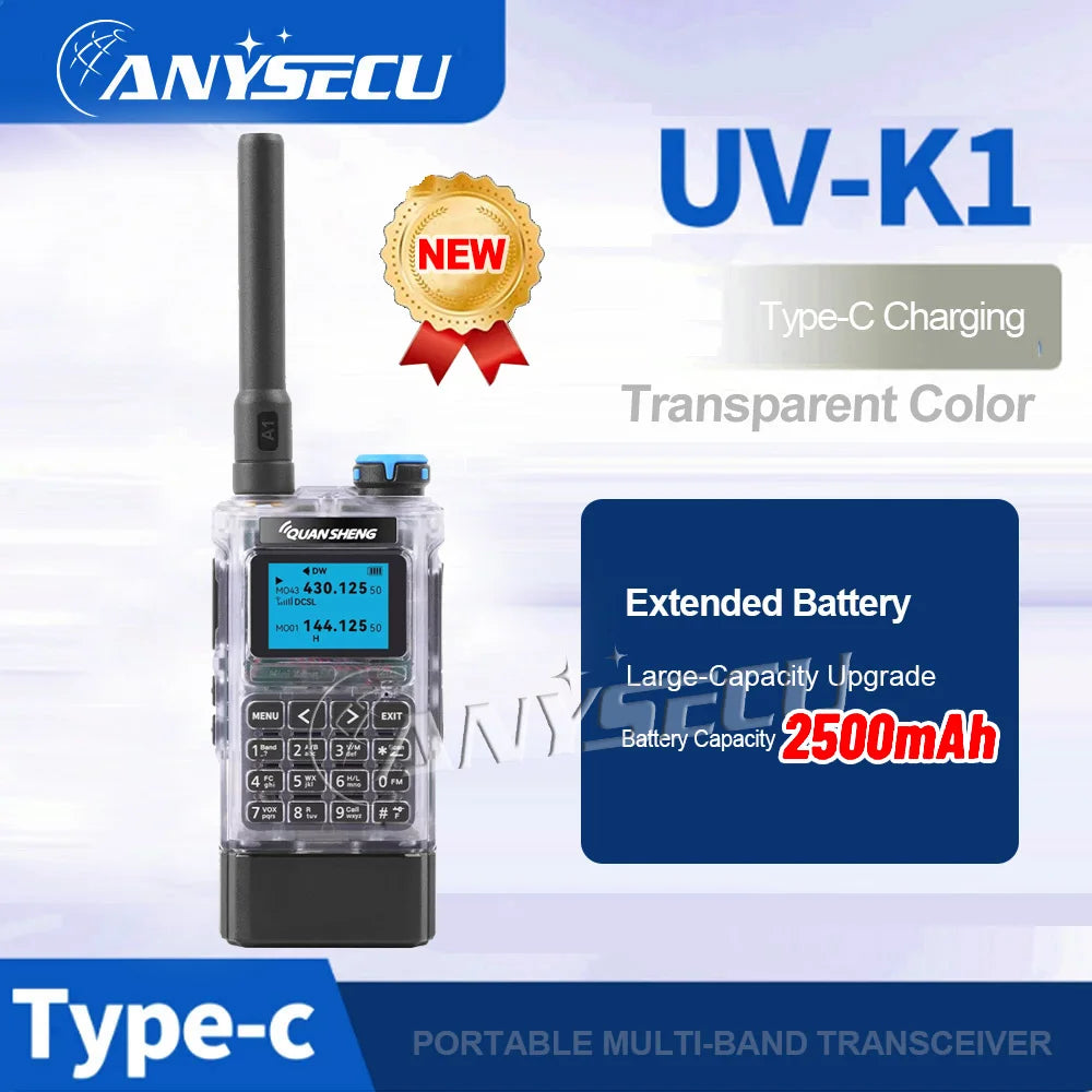 Quansheng UV-K1 1400mAh UV-K1 2500mAh 144-148 430-440MHz 1400mAh 200CH 5W Type-C Charger  Aviation Band Two Way Radio