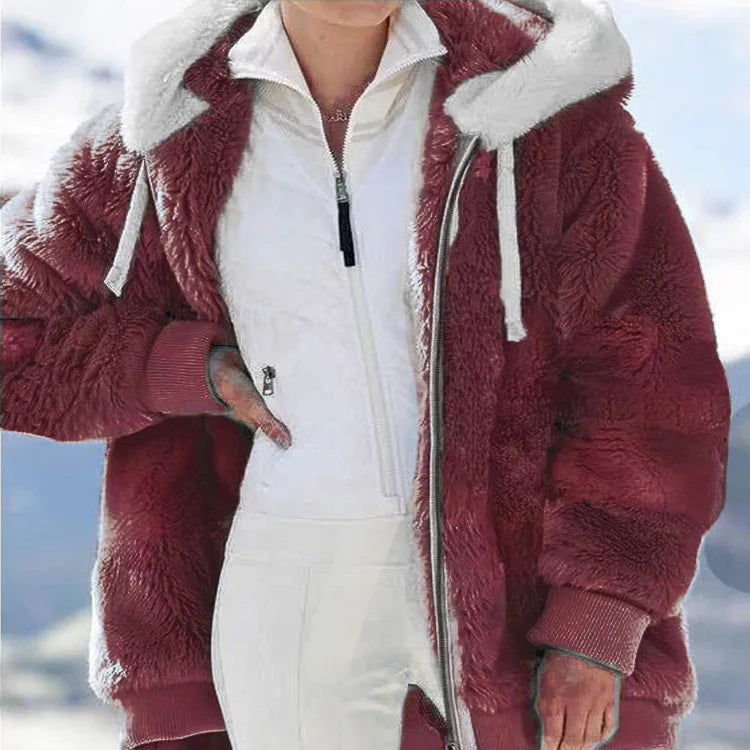 Women's Plush Hooded Drawstring Coat Autumn Winter Fashion Casual Zipper Long Sleeve Pocket Solid Color Ladies Jacket