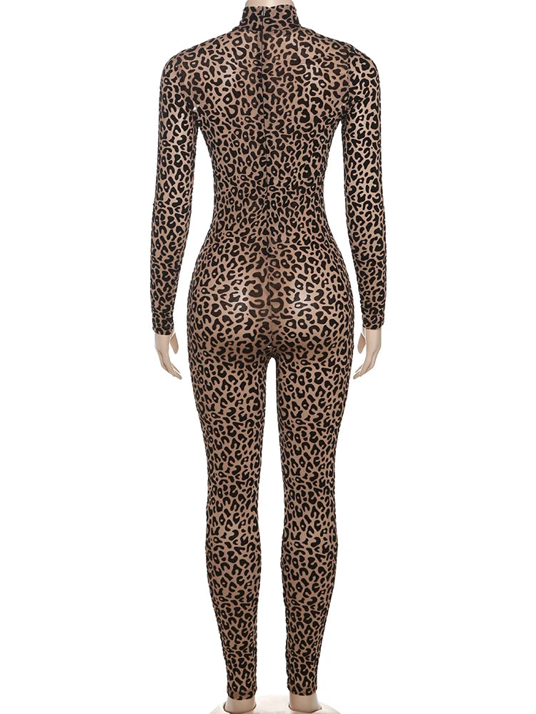 kliou Midnight Y2K Women Jumpsuits Hipster Leopard Print Full Sleeve Round Neck Slim Overalls Female Trend Party Club One Piece