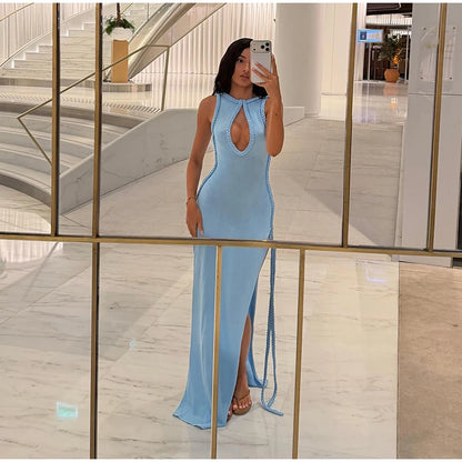 Braided Trim Sexy High Slit Dress Lady Sleeveless Hollow Out Backless Bodycon Maxi Dresses 2026 Summer Elegant Chic Evening Gown