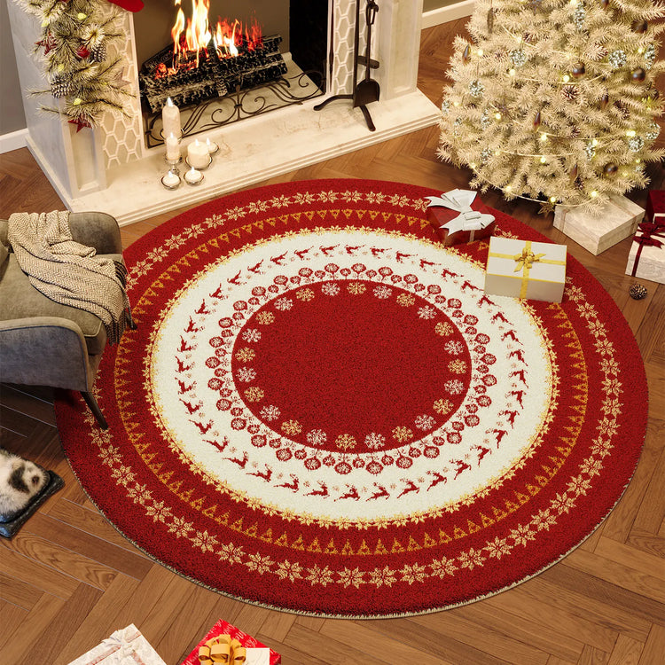 Christmas Round Faux Cashmere Area Rug Non Slip Soft Bedroom Bedside Carpet Xmas Holiday Home Decor Floor Mat for Living Room