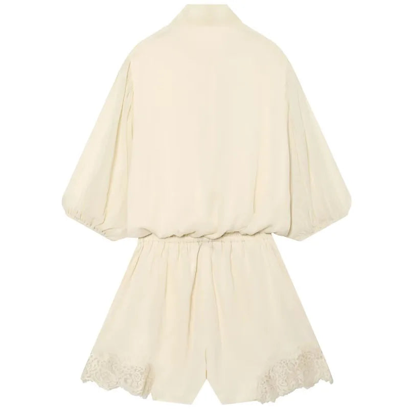 HXAO Lace Bodysuit Women Off White Short Jumpsuit With Bow Ties Puff Short-Sleeved Button Playsuit Summer Casual Baggy Rompers
