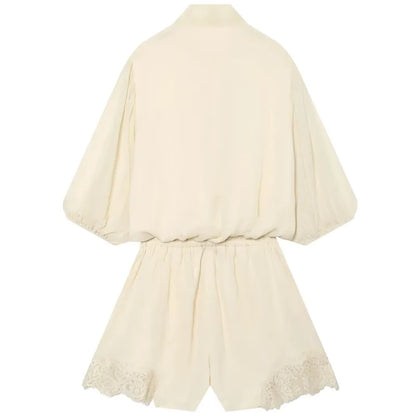 HXAO Lace Bodysuit Women Off White Short Jumpsuit With Bow Ties Puff Short-Sleeved Button Playsuit Summer Casual Baggy Rompers