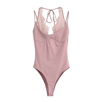 Women's Sexy Nightclub Party Pink Jumpsuit, Spliced Lace Sleeveless Tight-Fitting Jumpsuit, 2026 Fashion Women's Slim Top