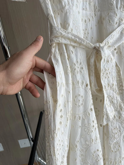 ETJ 2025 new  women's elegant fashion hollow embroidery cotton shirt lapel short-sleeved dress temperament long skirt