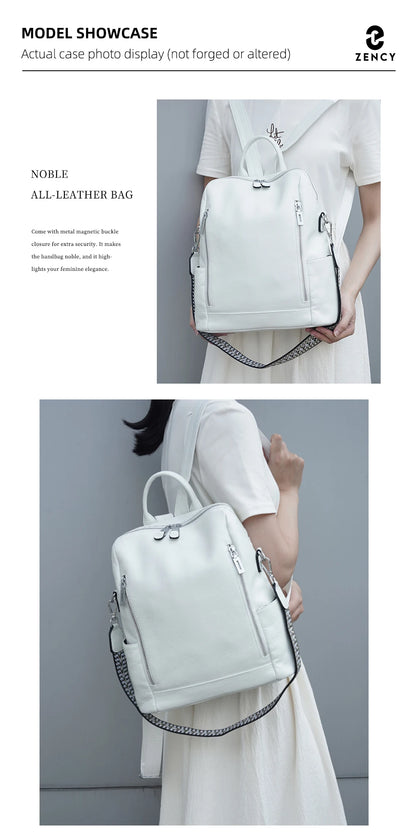 Zency Fashion Genuine Leather Backpack Knapsack Multi-pocket Day Pack Travel Convertible Shoulder Bag for Fall Winter Commuter