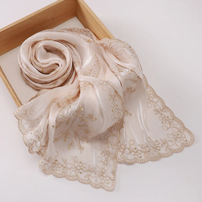 Luxury Sequin Floral Hijab Shimmer Shawl Glitter Shiny Headscarf Elegant Muslim Head Scarf for Wedding Soft Flowy Lace Edge