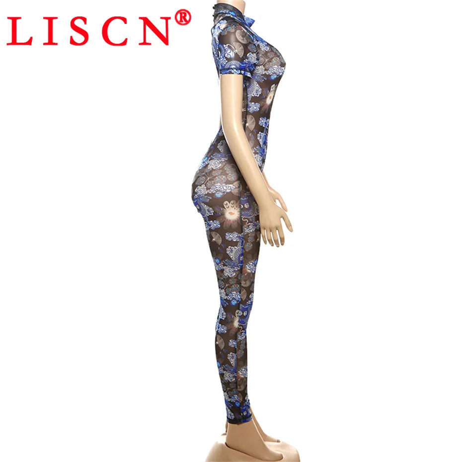 10 Wholesale Items Jumpsuits Women Summer 2025 Short Sleeve Bodycon Sexy Y2k Printing Mesh See Through Backless Rompers K15151
