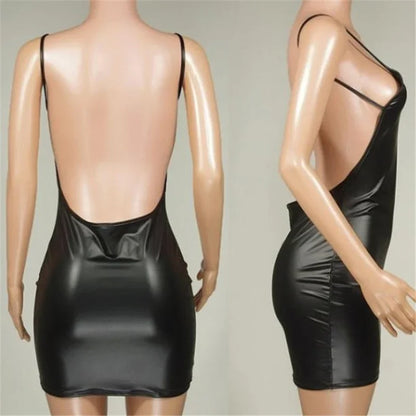 Sexy lingerie, women's cropped synthetic leather dress, open back, sexy latex miniskirt, girls' mini mini dress