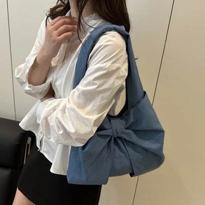 Sweet Bowknot Design Women's Denim Shoulder Bags Commuter Thread Ladies Handbags Casual Lightweight Female Underarm Tote Bag