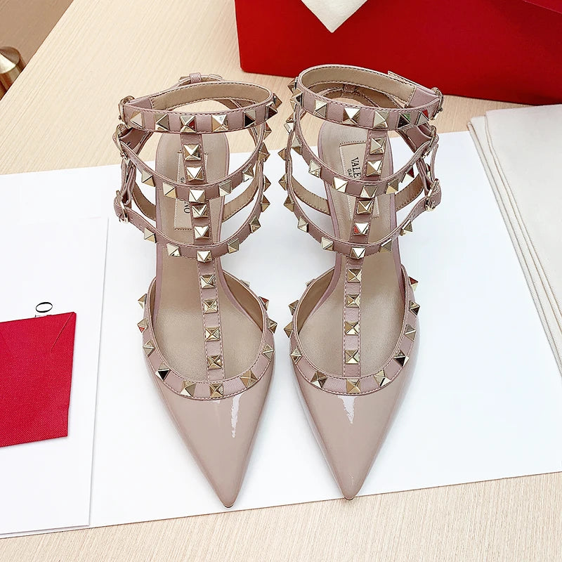 Women's sandals luxury Woman shoes Gladiator Summer 2026 New Rivet High-heeled Three Straps Ankle Fashion Designer Ladies Shoes