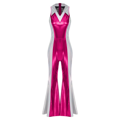 70s 80s Disco Costume Women's Streetwear Jumpsuit Shiny Clubwear Flared Long Pants Rompers Flares Metallic Hippie Party Outfit