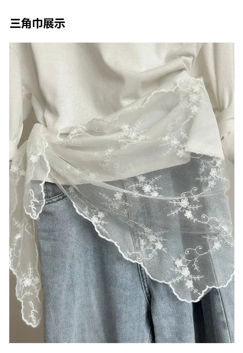 Lace Embroidered Silk Scarf Women's Long Neck Versatile Triangle Decorative Headscarf Korean Version Literary Yarn Shawl