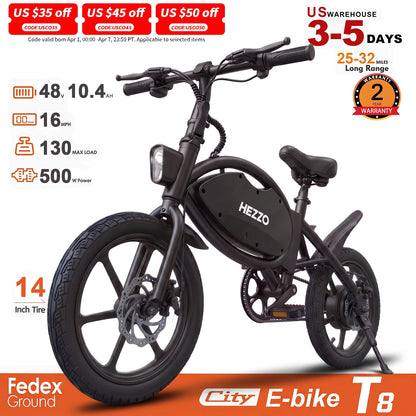 HEZZO T8pro Foldable Electric Bike for Adults 48V 500W Peak 750W Brushless Motor 16Inch Carbon Steel E-Bike 10.4Ah Lithium Battery 16Mph 22Mph Range Dual Disc Brakes LED Headlight Commuter Folding Hybrid Bike With Basket