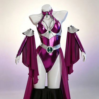 Starfire Cosplay Superhero Costume Purple Metallic Bodysuit Cape Outfit Women Cosplay Jumpsuit Halloween Party Performance Suit