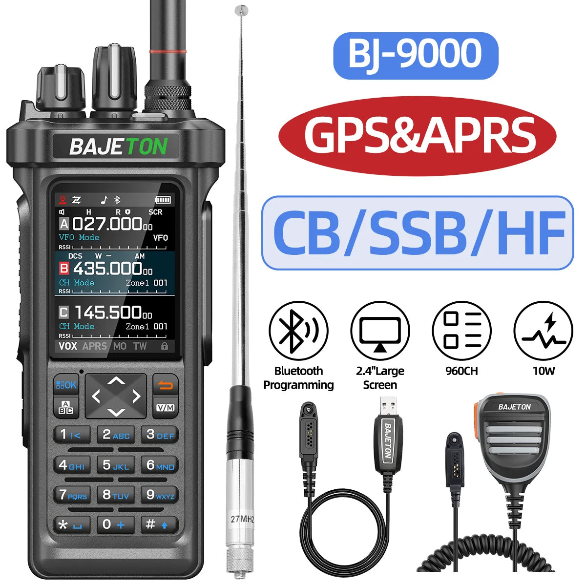 BAJETON BJ-9000 Walkie Talkie CB/SSB/RX/HF Receiver with GPS APRS 10W Bluetooth Phone Programming Same RT-950 PRO RT -950 Radio