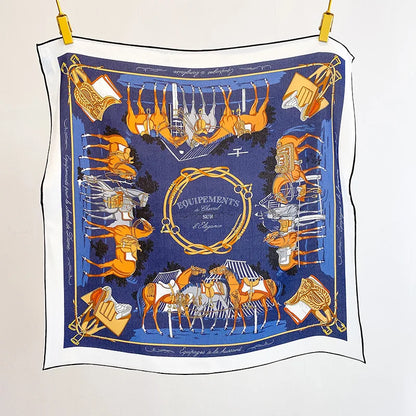 100% Mulberry Silk Square Scarf Vintage Equestrian Horse Saddle Print Bandana Unisex Neck Head Wrap Office Travel Holiday Gift
