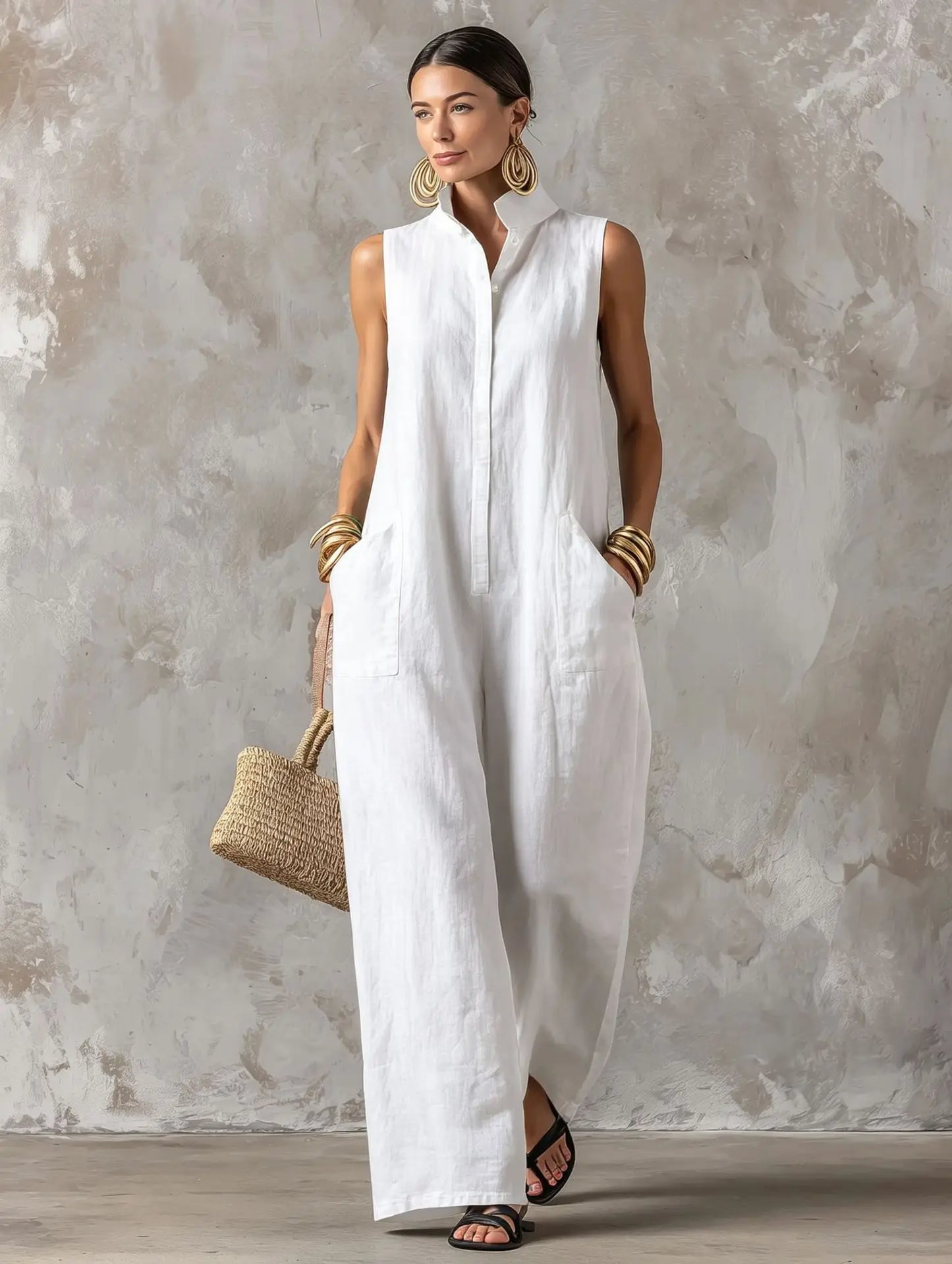 Elegant Women's Sleeveless Linen Blend Jumpsuit Button Down Collared Romper Casual Loose Summer Beach Vacation Boho Jumpsuits