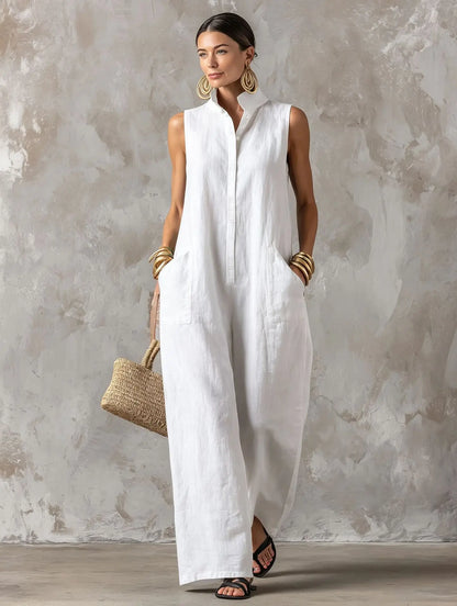 Elegant Women's Sleeveless Linen Blend Jumpsuit Button Down Collared Romper Casual Loose Summer Beach Vacation Boho Jumpsuits